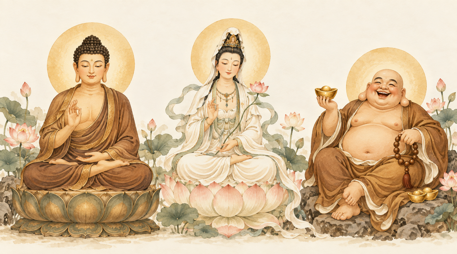 Warm illustration of a seated Buddha, Guanyin and joyful Laughing Buddha