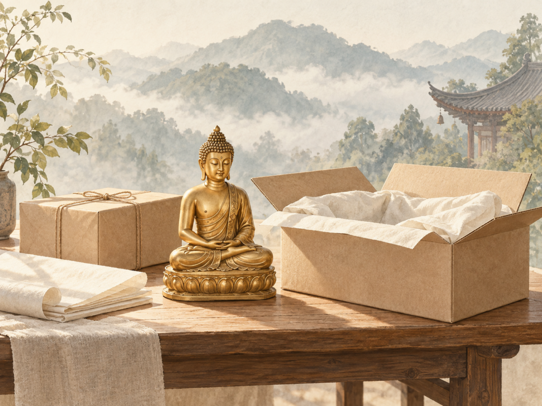 Warm illustration of a golden Buddha statue beside protective wrapping and delivery parcels