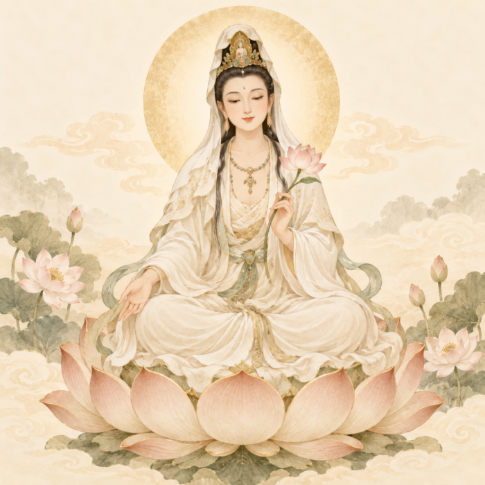 Gentle Guanyin seated on a lotus, representing compassion