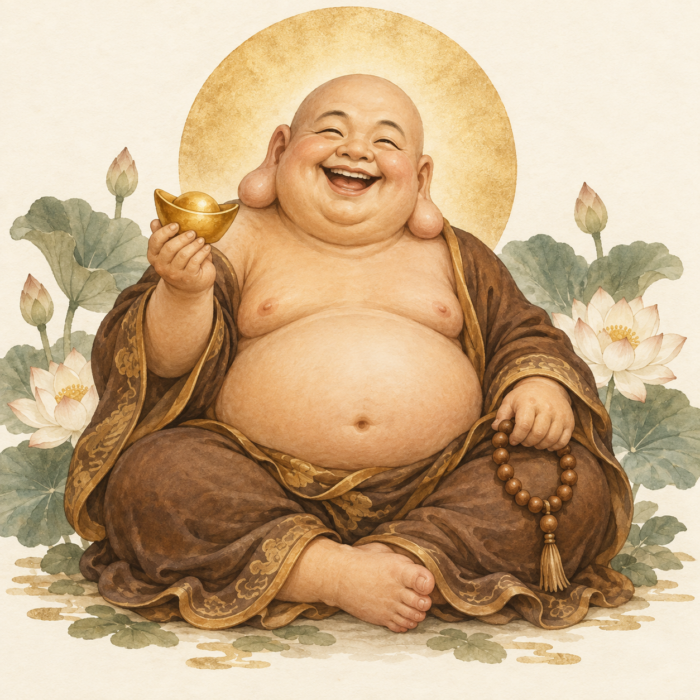 Friendly Laughing Buddha holding a yuanbao, a symbol of prosperity