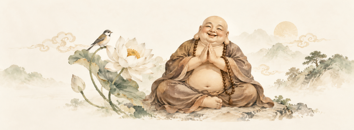 Smiling Laughing Buddha with palms together beside a lotus and songbird