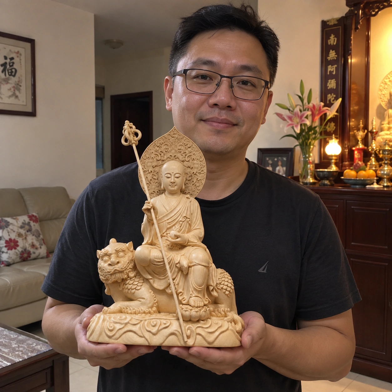 Ksitigarbha Dizang Wang Hinoki Wood Statue on Lion – 32 cm held in a Malaysian home