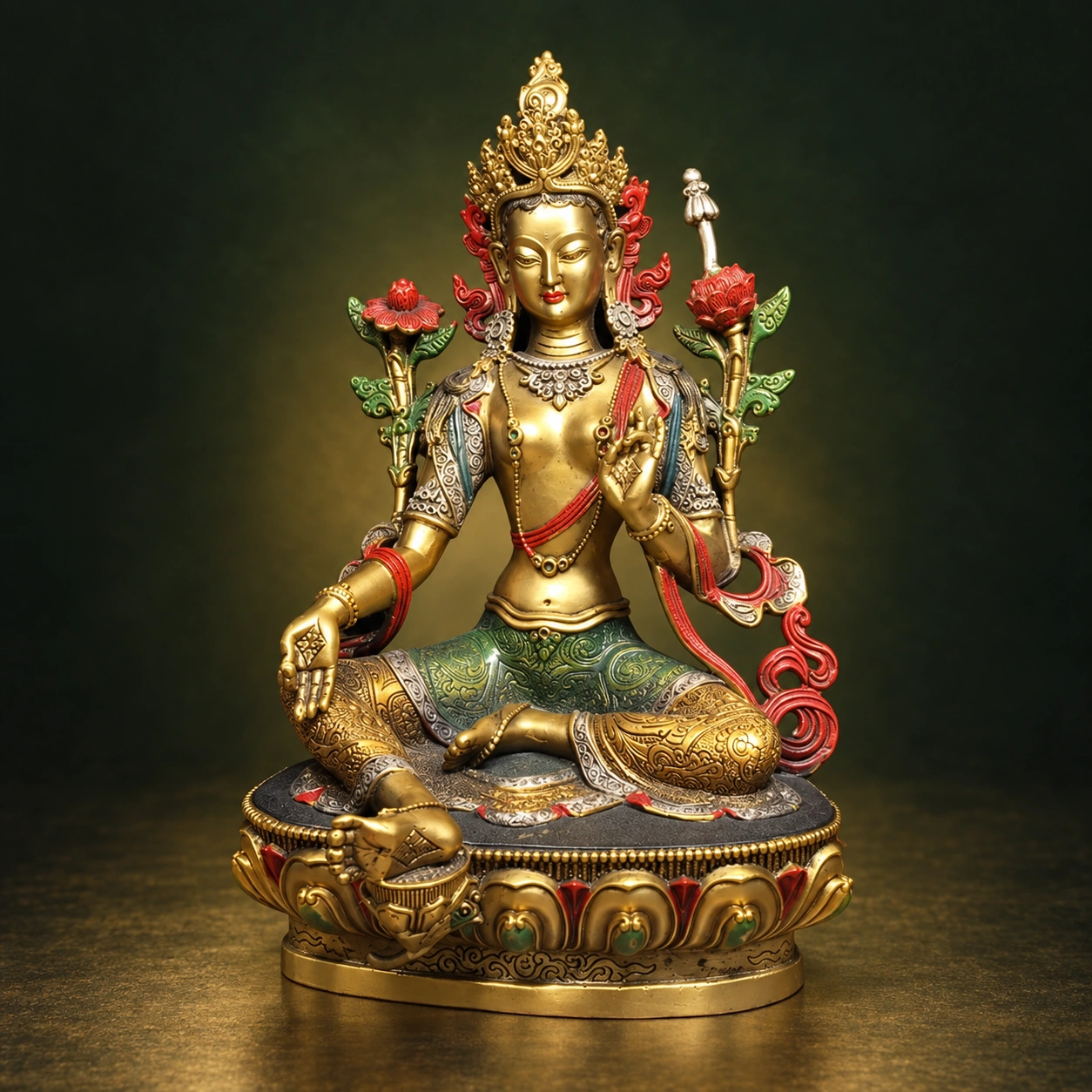 NEXT017_front Green Tara (绿度母) Copper Lotus Statue – Protection & Courage · 21.5 cm - Image 1