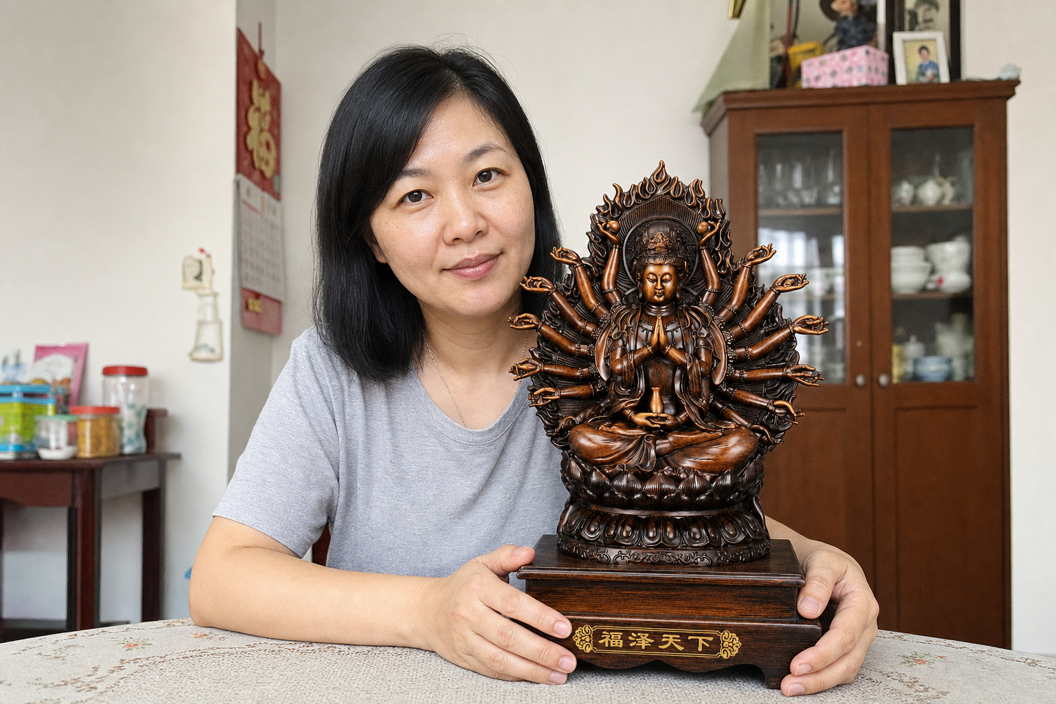 A Malaysian woman presenting the Thousand-Hand Guanyin statue