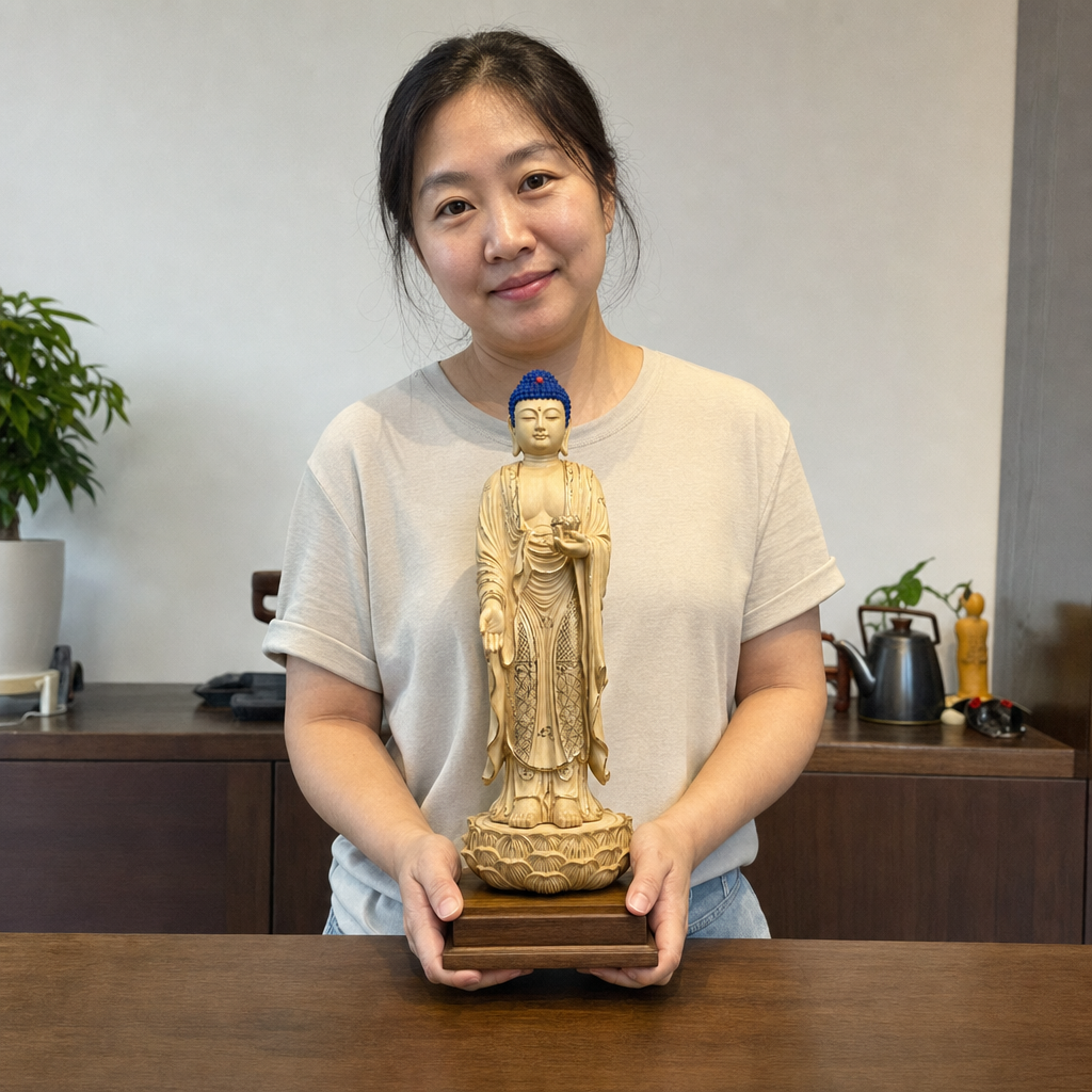 Hand-Carved Hinoki Wood Amitabha Buddha Statue – Peace & Compassion 38 cm lifestyle image in a Malaysian Chinese home