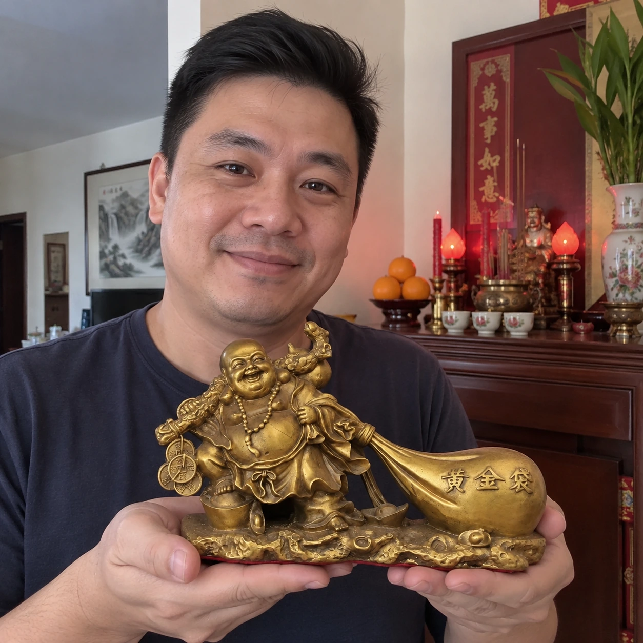 Laughing Buddha statue shown with a person in a home setting
