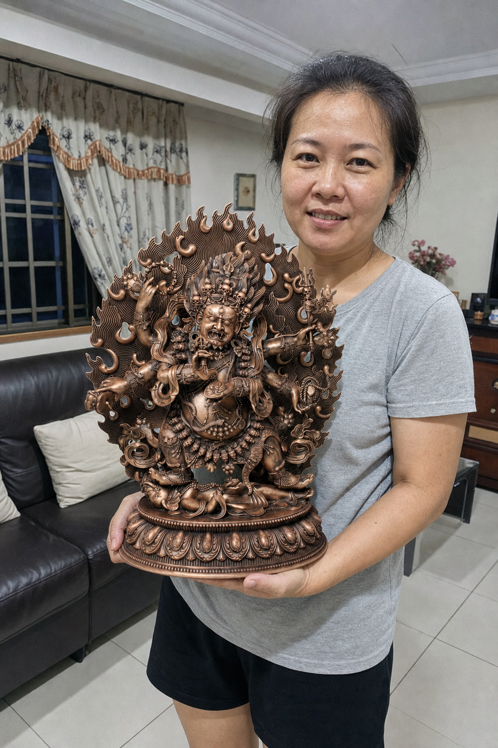 Six-Arm Mahakala Copper Buddha Statue – Protection & Courage 40 cm lifestyle image in a Malaysian Chinese home