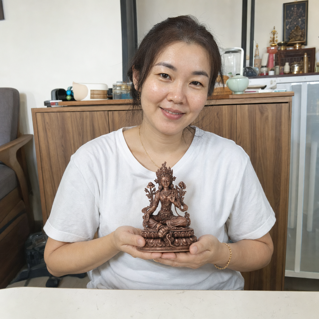 Green Tara Copper Statue – Protection & Courage 15 cm lifestyle image in a Malaysian Chinese home