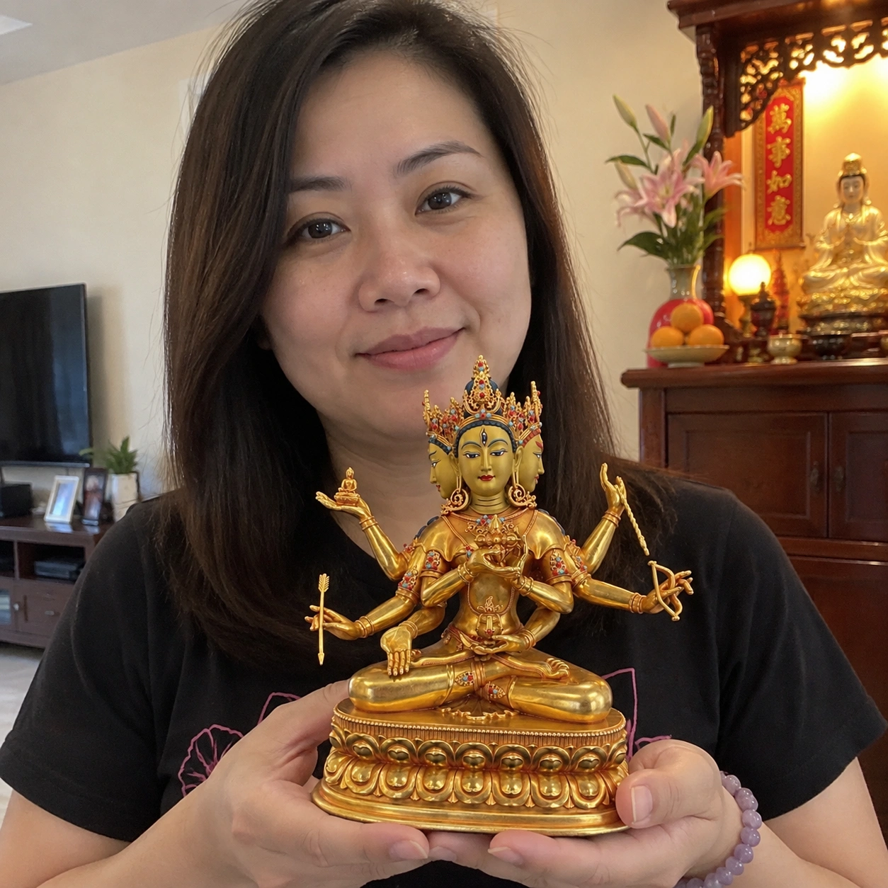 Namgyalma Usnisa Vijaya Copper Statue – Longevity and Protection 16 cm held in a Malaysian home