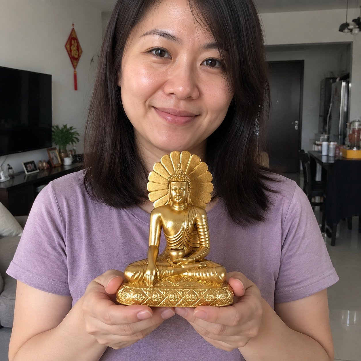 Sakyamuni Buddha 释迦牟尼佛 gold resin statue in a Malaysian home