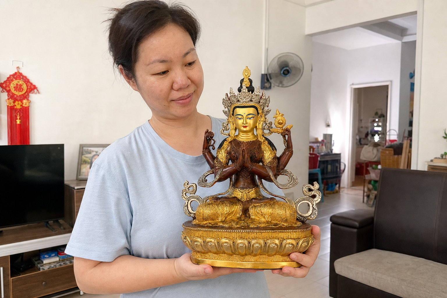 Four-Arm Avalokiteshvara Guanyin Statue – Compassion & Protection 31 cm lifestyle image in a Malaysian Chinese home