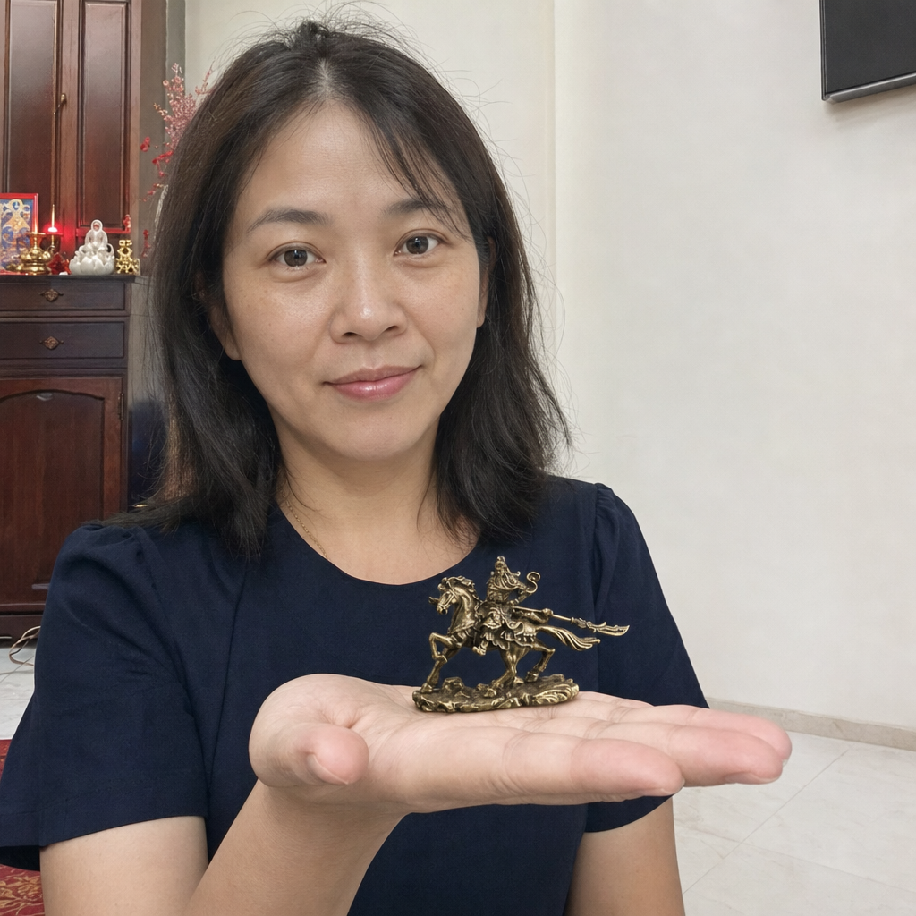 Mini Guan Gong God of Wealth riding horse statue held in a Malaysian Chinese home 5.1 cm