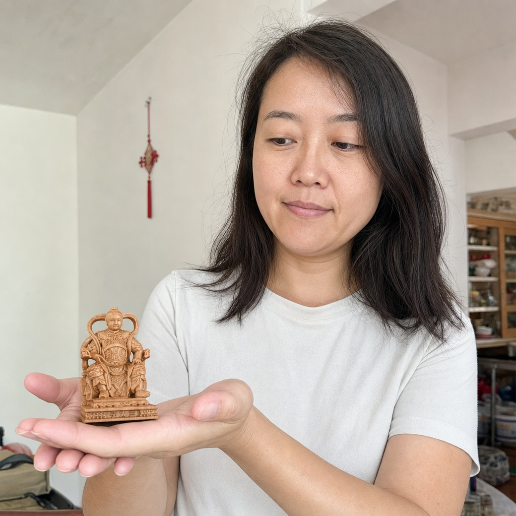 Hand-carved wood Marshal Nezha Third Prince statue held in a Malaysian Chinese home 10 cm