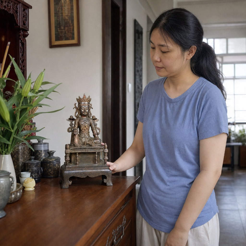 Pure copper Guanyin statue on open throne in a Malaysian Chinese home 26 cm