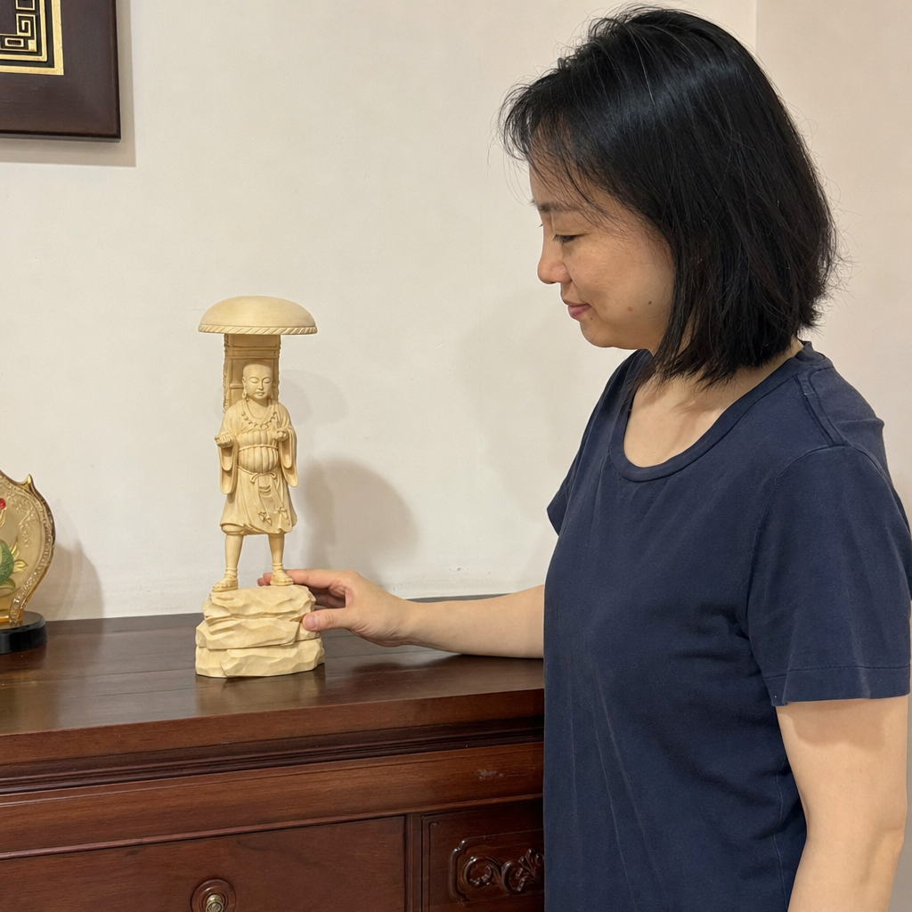 Hand-carved Xuanzang Tang Sanzang monk statue in a Malaysian Chinese home 30 cm
