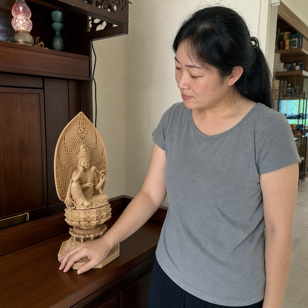 Solid wood six-armed Ruyi Guanyin statue in a Malaysian Chinese home 30 cm