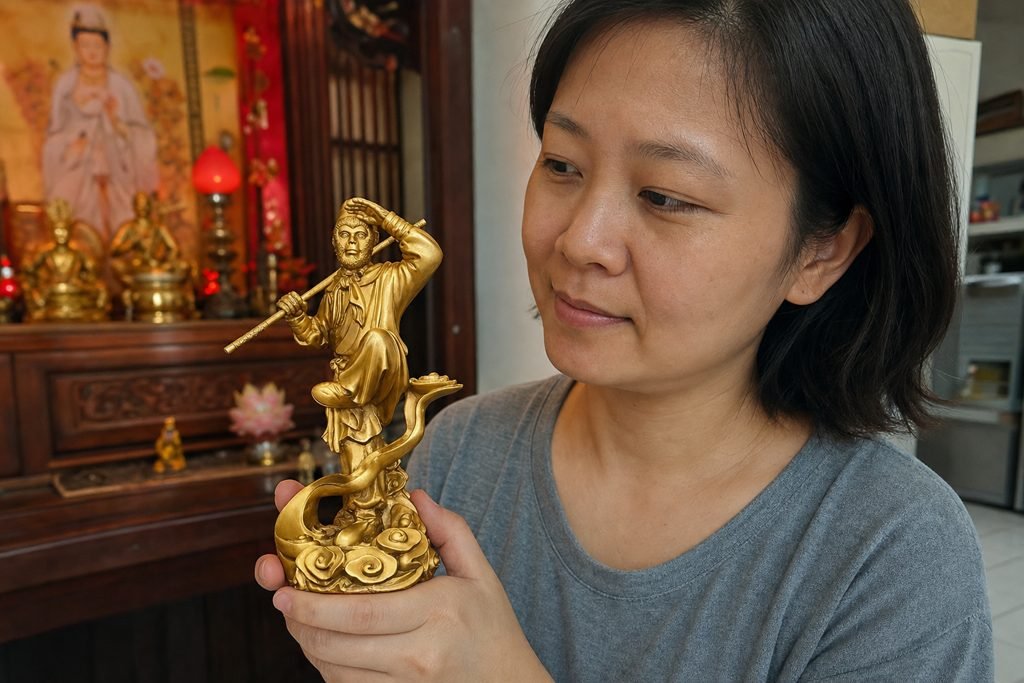 Qitian Dasheng Sun Wukong statue held by a Malaysian Chinese woman