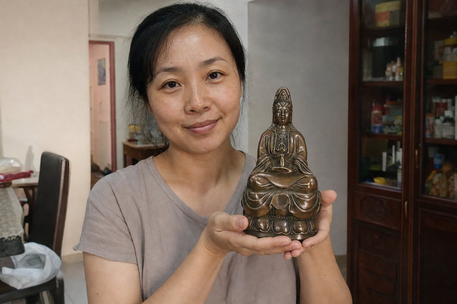 A Malaysian woman holding the Guanyin Bodhisattva statue