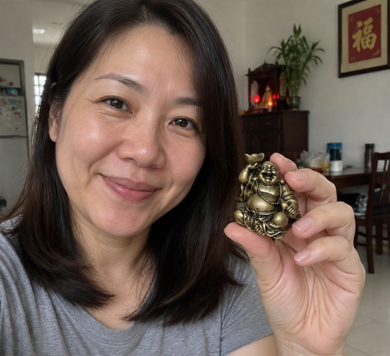 Mini Laughing Buddha 笑佛 bronze-colour resin statue in a Malaysian home