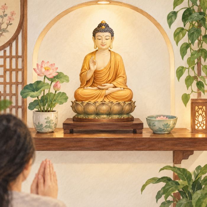 A welcoming home prayer corner with a seated Buddha on an elevated wooden altar