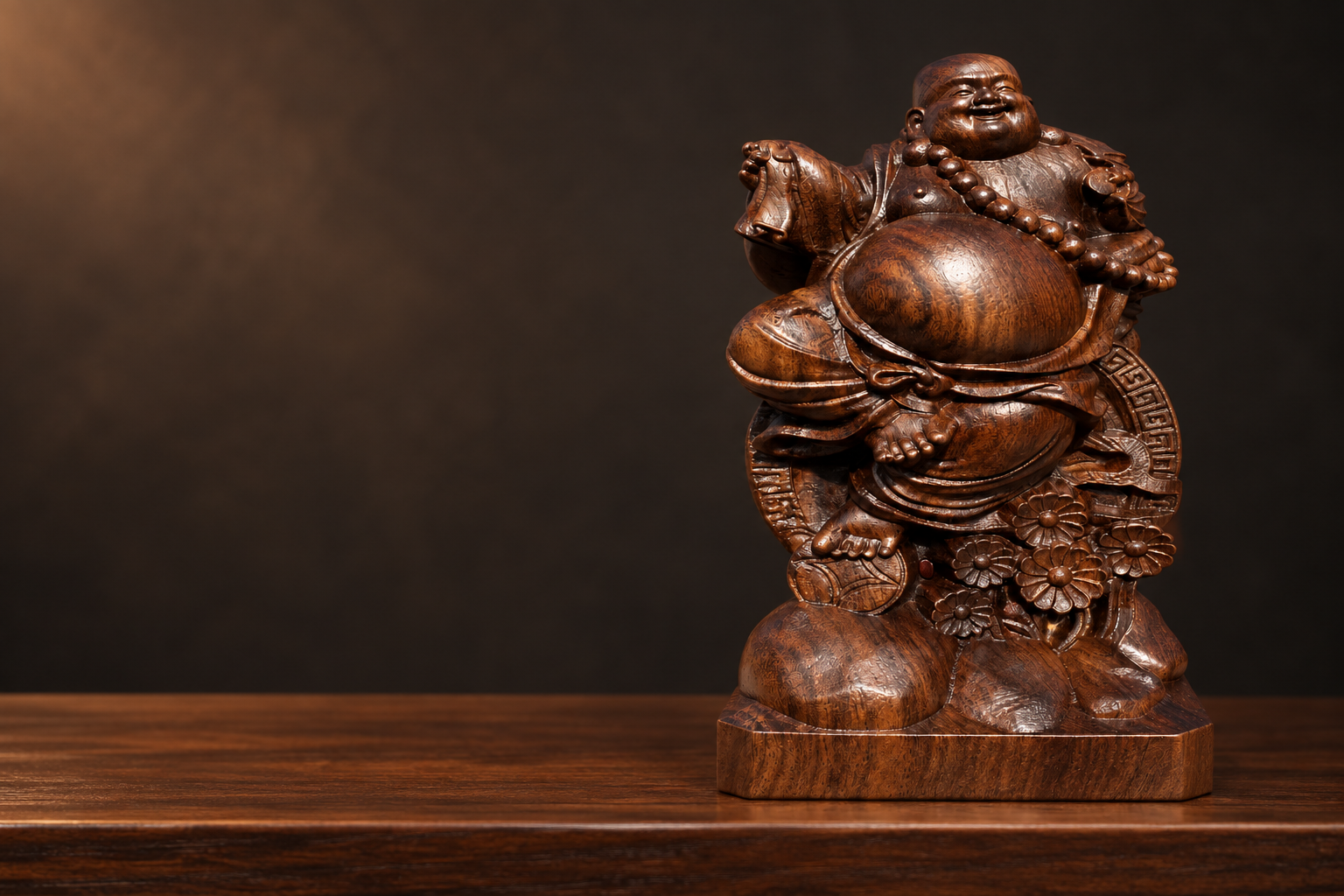 Wooden Laughing Buddha on a walnut display