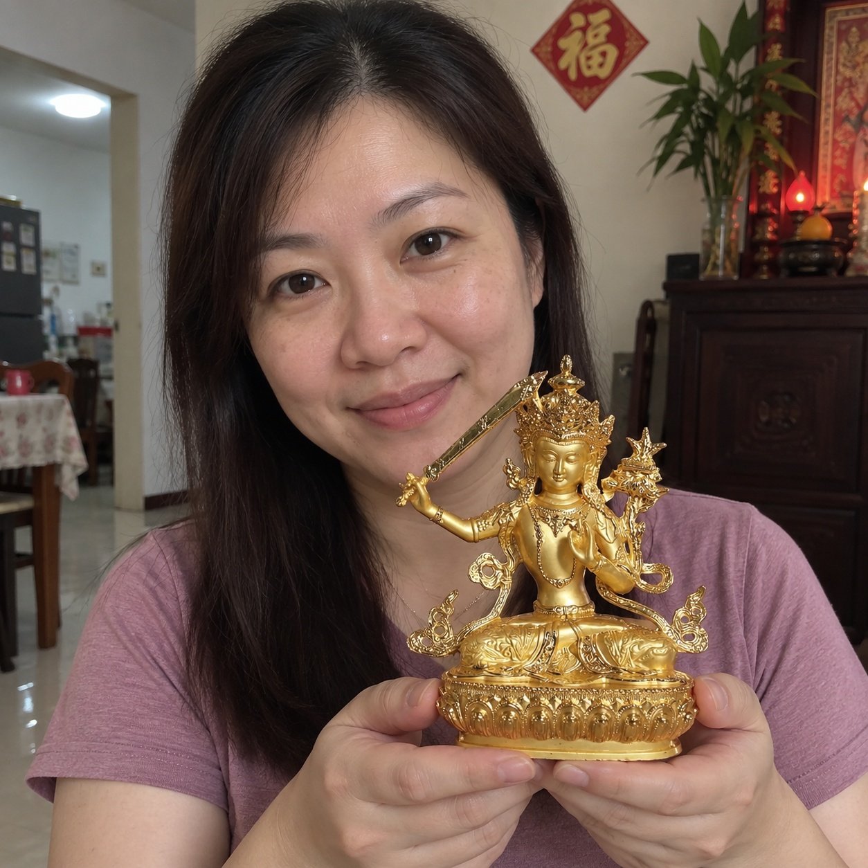 Manjushri 文殊菩萨 gilded alloy statue in a Malaysian home