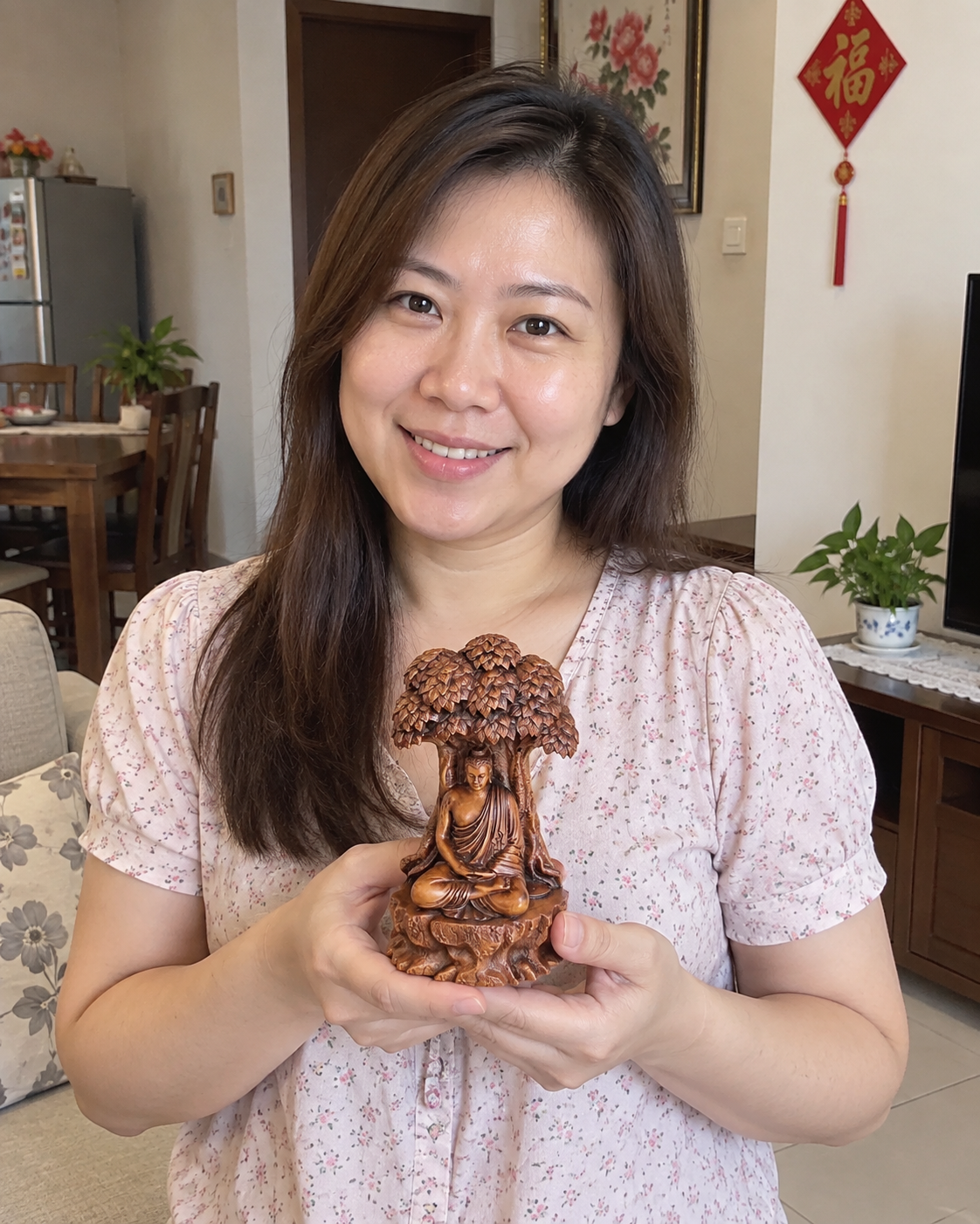 Ru Lai Buddha 如来佛 under-tree boxwood statue in a Malaysian home