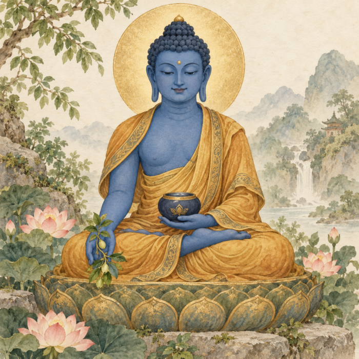 Medicine Buddha with a medicine bowl and medicinal sprig, illustrated in a lotus garden