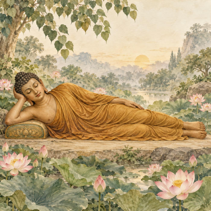 Reclining Buddha lying on his right side in a peaceful lotus garden